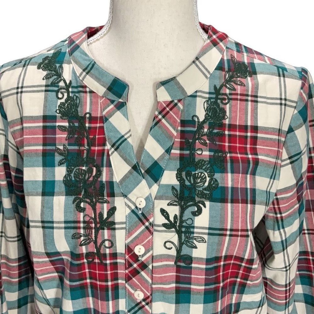 denim & co. Red Green Plaid Henley Flannel Embroidered Long Sleeve Top Size S - Picture 2 of 7